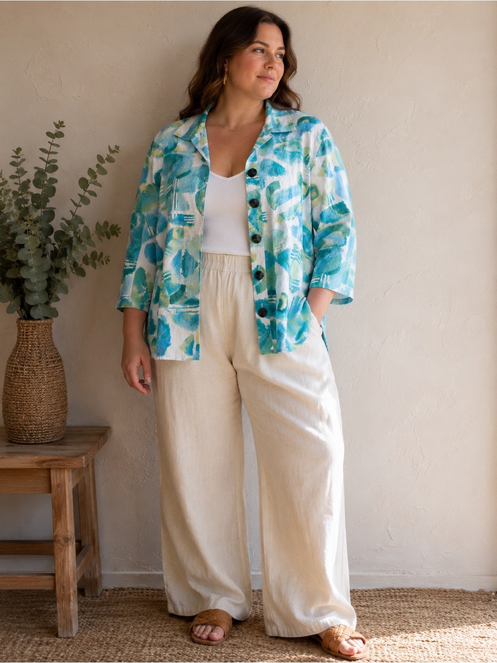 Ali Miles Abstract Print Linen Cotton Layering Shirt Jacket Large Artsy Coastal